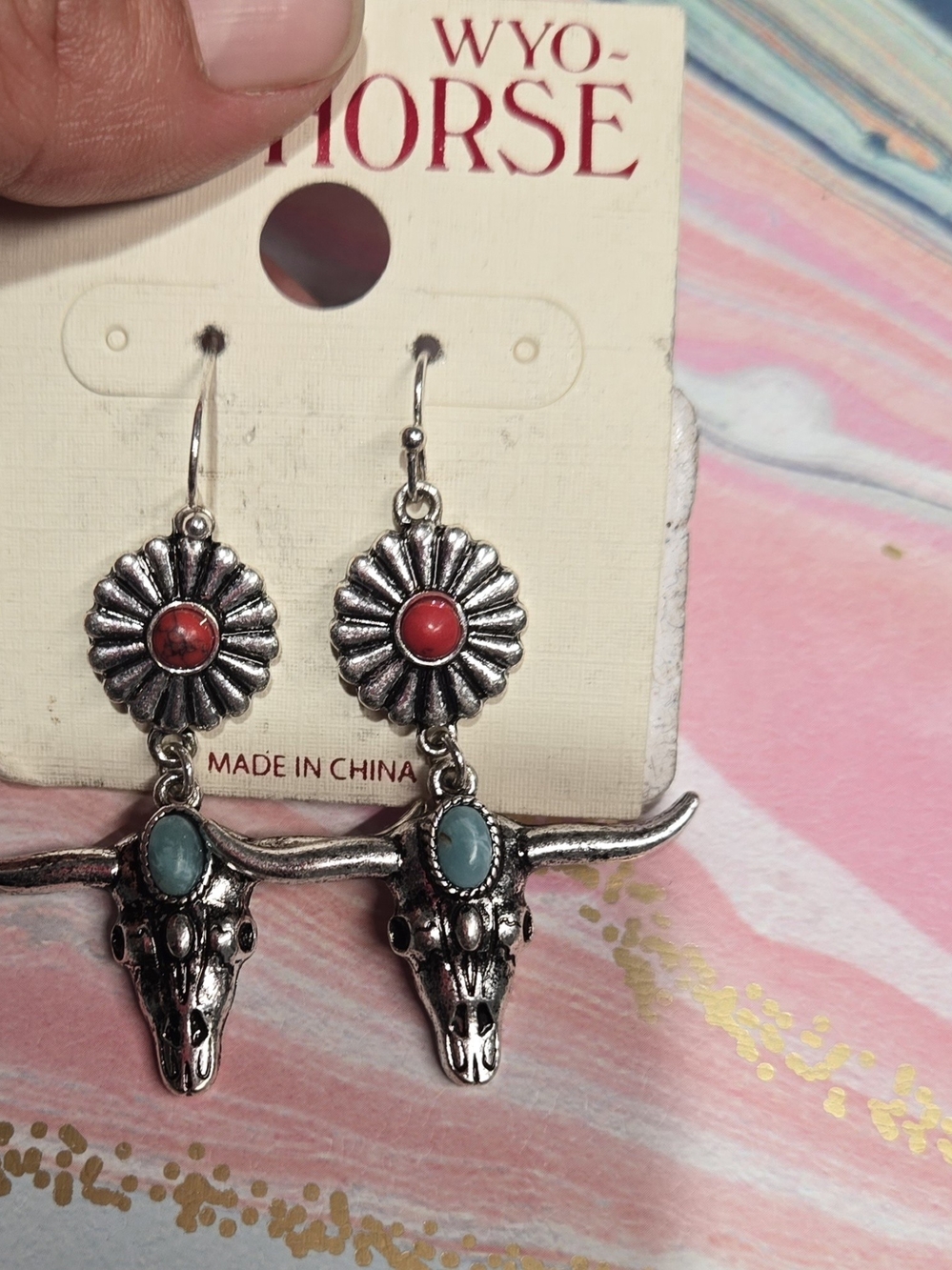 WYO Horse Silver Longhorn Drop Earrings with Red and Turquoise Accents